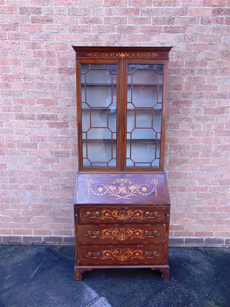 AN EDWARDIAN MAHOGANY BUREAU BOOKCASE,  with astragal glazed upper section and fitted interior - Image 3 of 3