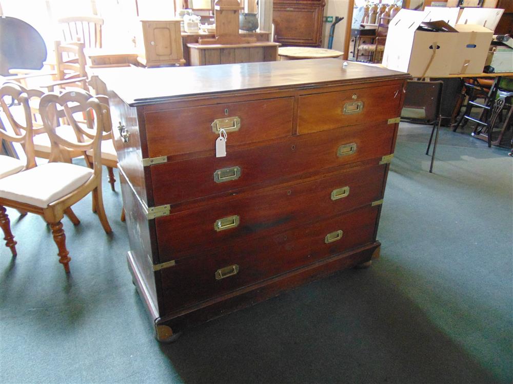 A 19TH CENTURY BRASS MOUNTED CAMPAIGN CHEST  of two short and three long drawers, the two part chest - Image 2 of 5