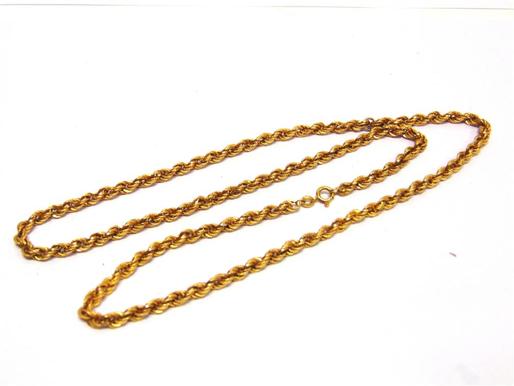 A CHAIN stamped '750', of hollow rope links, 60cm long, 14g gross