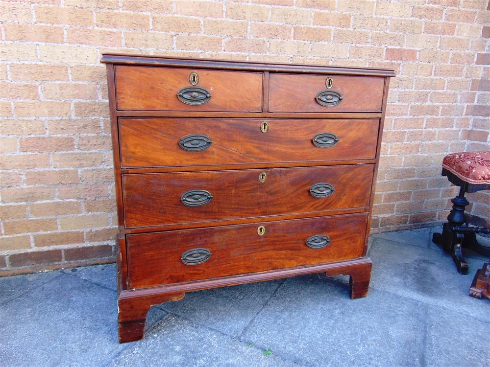 A VICTORIAN MAHOGANY CHEST OF TWO SHORT AND THREE LONG DRAWERS  on bracket feet, 104cm wide 55cm