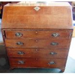 A GEORGE III PROVINCIAL OAK BUREAU,  with fitted interior over four long graduated drawers, 94cm