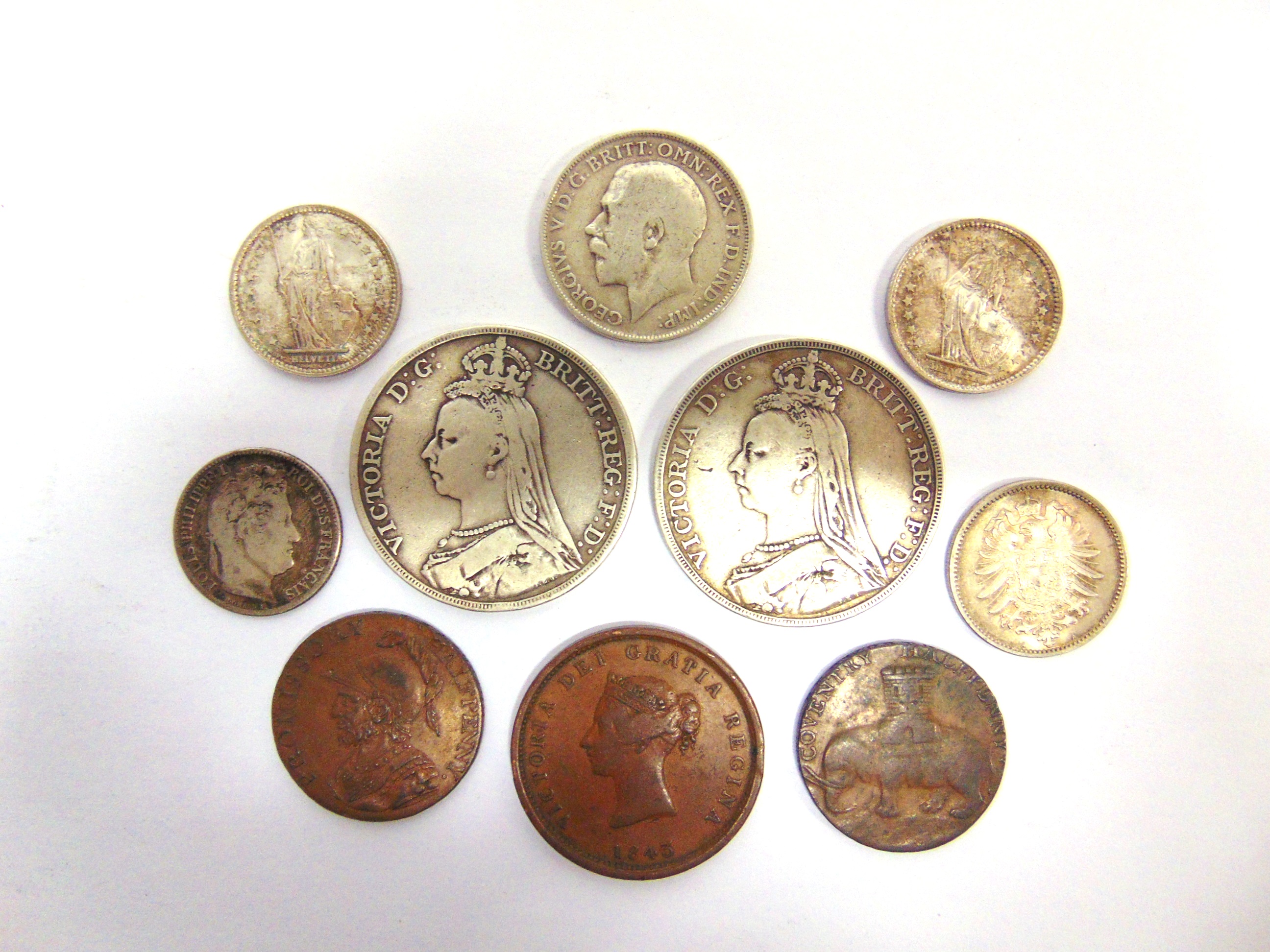 ASSORTED COINAGE comprising Great Britain Victoria Crowns, 1889, 1890; Germany 1 Mark, 1875;