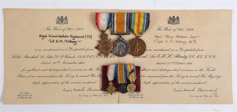 A GREAT WAR M.I.D. TRIO OF MEDALS TO CAPTAIN R.H. ASTBURY, ROYAL WARWICKSHIRE REGIMENT comprising