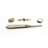 A 9 CARAT GOLD DIAMOND DRESS RING set with single cuts, finger size L½, 2.7g gross; a three stone