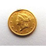 AN AMERICAN GOLD ONE DOLLAR LIBERTY HEAD COIN the reverse erased and inscribed with a monogram, 1.4g