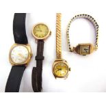 A MINSTER 9 CARAT GOLD GENTLEMANS WRISTWATCH on a strap; with three lady's 9 carat gold wristwatches