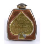 GREAT WAR - A SMALL TRENCH ART COPPER AND BRASS RUM FLASK  bearing a spade shaped panel inscribed '