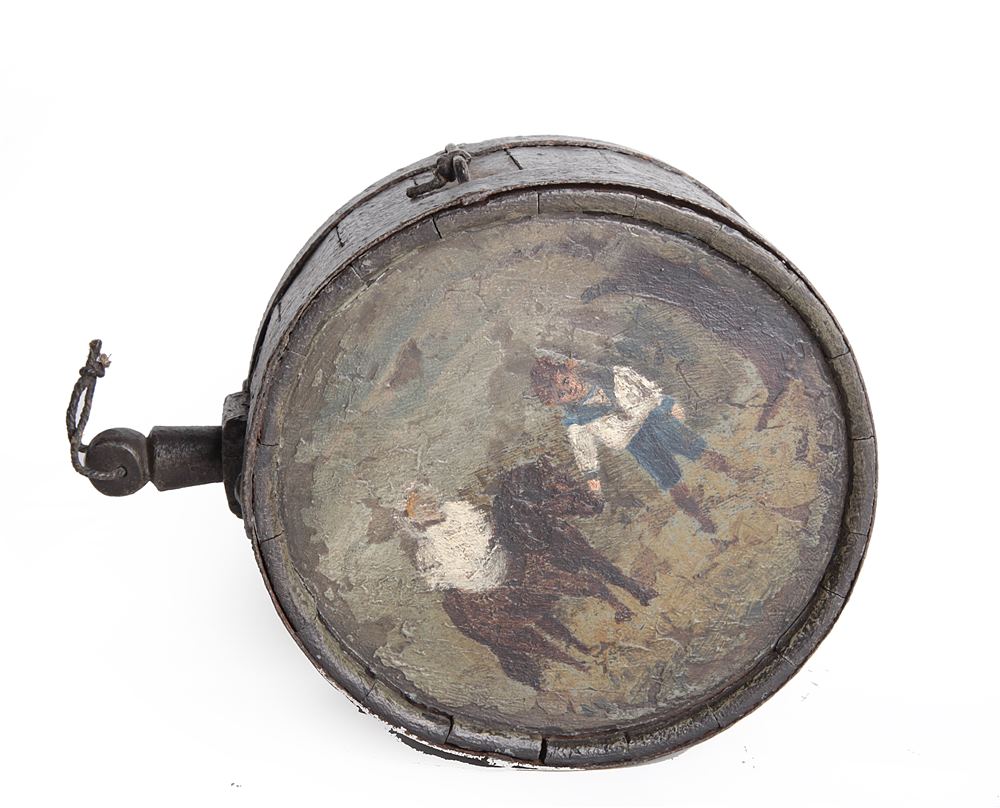 19TH CENTURY - CRIMEA - A HAND DECORATED SOLDIER'S CANTEEN  painted grey-green, with a girl on a