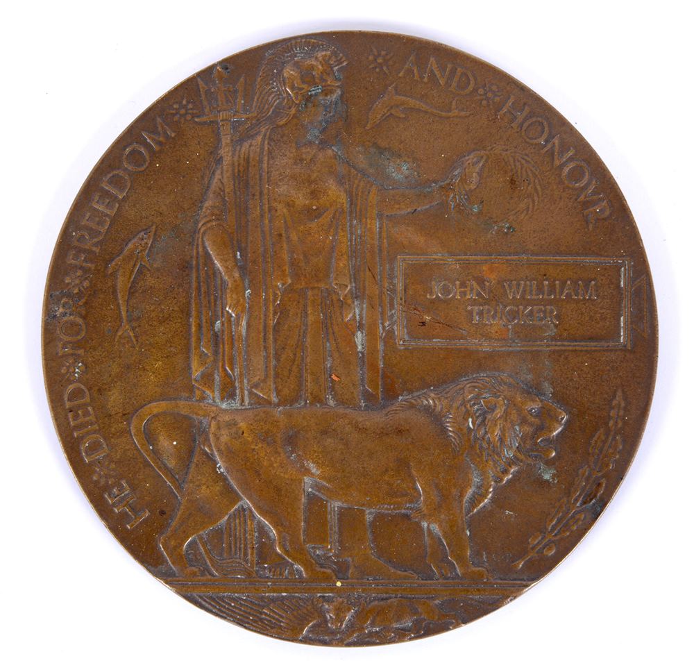 GREAT WAR - A BRONZE MEMORIAL PLAQUE TO JOHN WILLIAM TRICKER  (26885 Private J. W. Tricker, 2nd