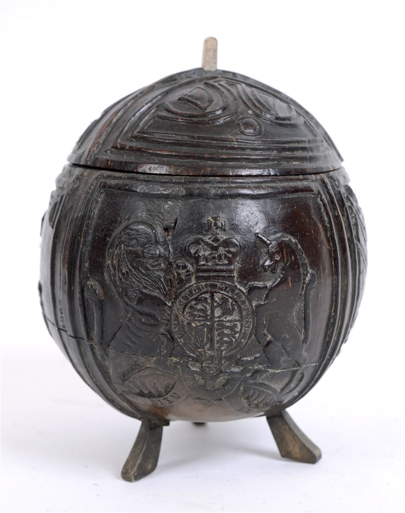 ANGLO-BOER WAR 1899-1902 - THE DURHAM LIGHT INFANTRY - A CARVED COCONUT AND COVER  bearing the Royal