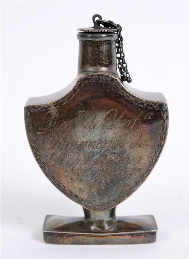 19TH CENTURY - PENINSULAR WAR - A SILVER URN SHAPED BOTTLE possibly for anointing oil, engraved '