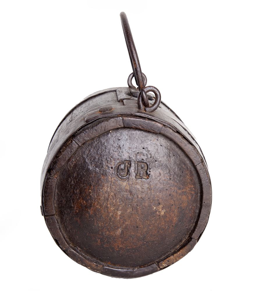 18TH CENTURY - A RARE SOLDIER'S WOODEN CANTEEN  possibly American, bound in hand wrought iron with