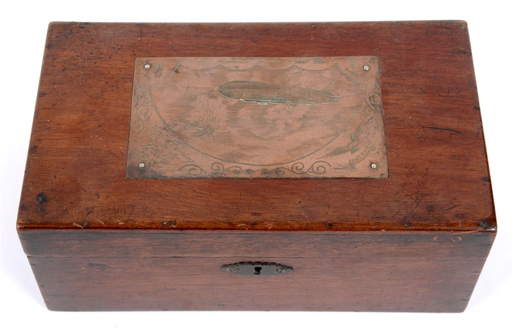 GREAT WAR - A RARE MAHOGANY ROYAL NAVAL AIR SERVICE 'DITTY BOX'  with a finely hand-engraved