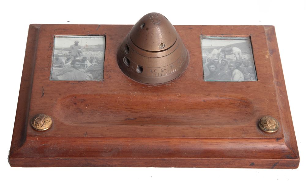 GREAT WAR - A TURKISH 'TRENCH ART' MAHOGANY PEN TRAY  mounted with two French gilt uniform buttons