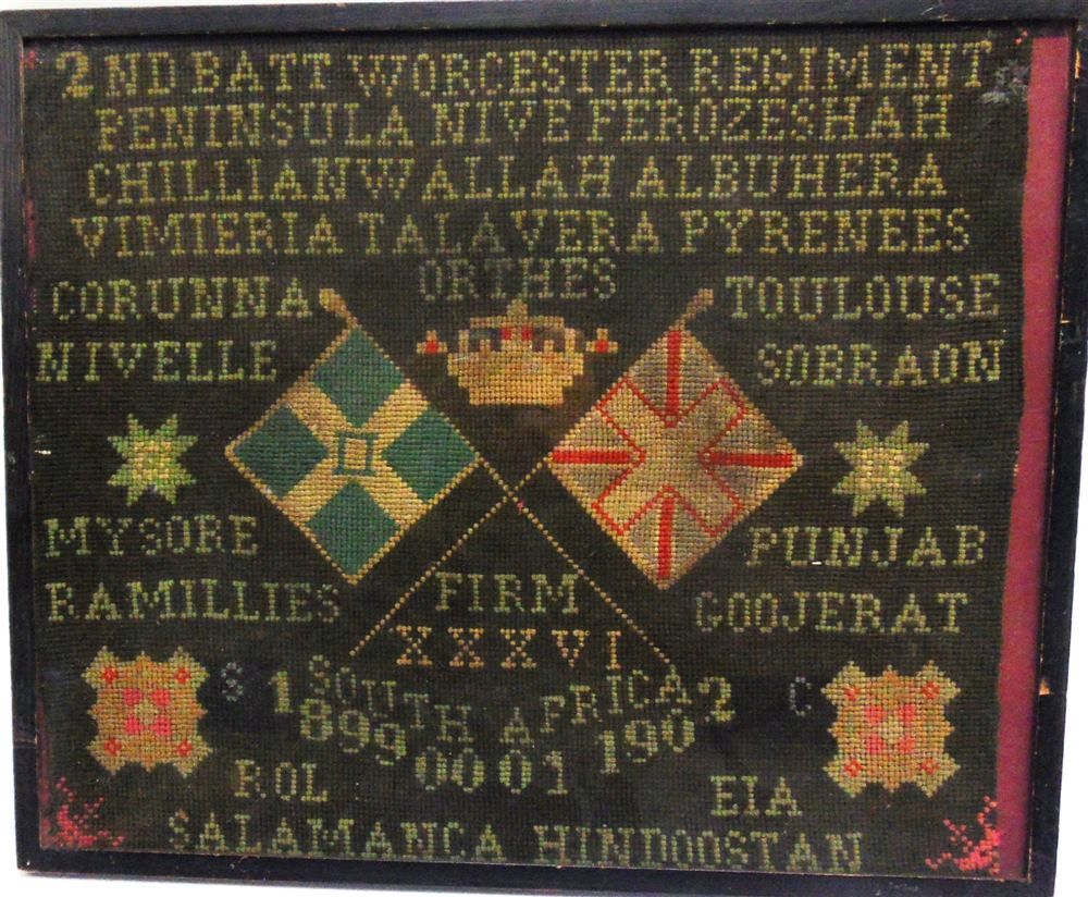 ANGLO-BOER WAR 1899-1902 -  2ND BATTALION WORCESTER REGIMENT - A NEEDLE-WORK PANEL  bearing battle