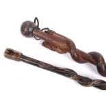 GREAT WAR - A FRENCH CARVED 'SPIRAL SNAKE' WALKING CANE  with a four-leaf 'lucky' clover design;