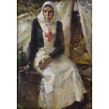 RUSSIA - T. SHEBCHENKO - A PORTRAIT STUDY OF A SEATED RUSSIAN FIELD NURSE  oil on cardboard, fully