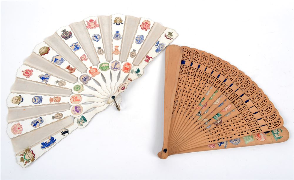 GREAT WAR - A CASED 'SWEETHEART' SILK AND CARD FAN  circa 1900, applied with forty-four printed