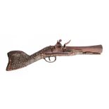 19TH CENTURY - A CAUCASIAN FLINTLOCK BLUNDERBUSS PISTOL  the stock profusely inlaid in intricate