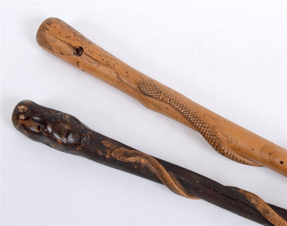 GREAT WAR - A TRADITIONAL FRENCH CARVED 'TWISTED SNAKE' WALKING CANE  together with another,