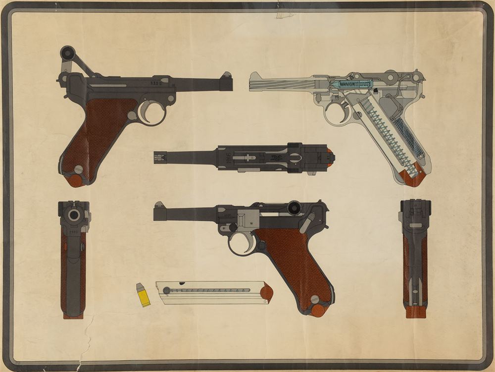 GREAT WAR - AN ORIGINAL IMPERIAL GERMAN DIAGRAM OF A 1916 LUGER AUTOMATIC PISTOL   framed, 76cm