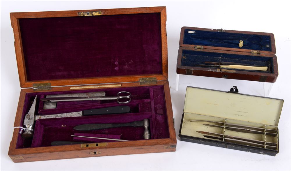 A 19TH CENTURY MAHOGANY BRASS BOUND SURGEON'S BOX AND INSTRUMENTS BY EVANS & WORMULL,  31 Stamford