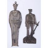 GREAT WAR - TWO PRESSED SILVER VOTIVE FIGURES  circa 1900-1915, comprising a British Sailor and a