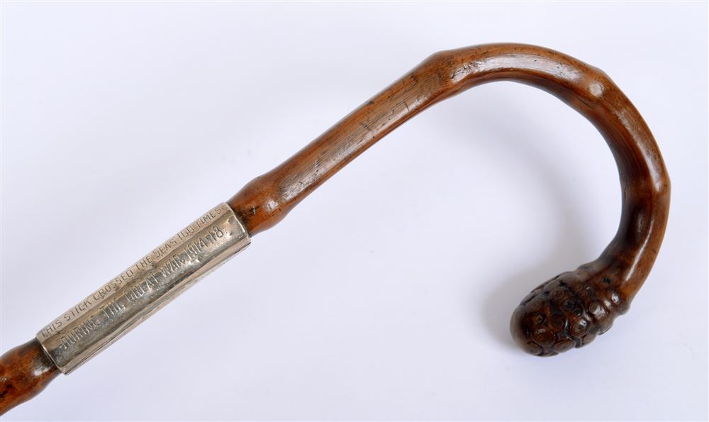 GREAT WAR - A RARE BRITISH WALKING CANE  bearing a large silver band engraved 'Lt. Col. Sir