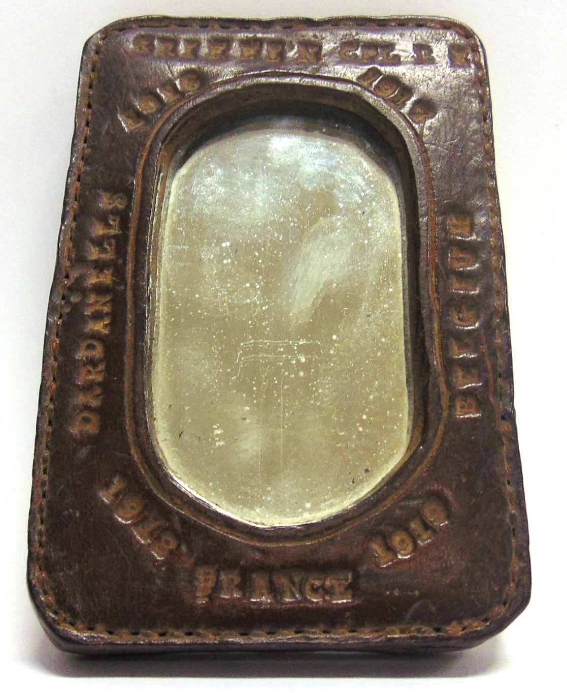 GREAT WAR - A PERSONALISED HANDMADE LEATHER FRAMED SHAVING MIRROR probably made by a harness - Image 3 of 4