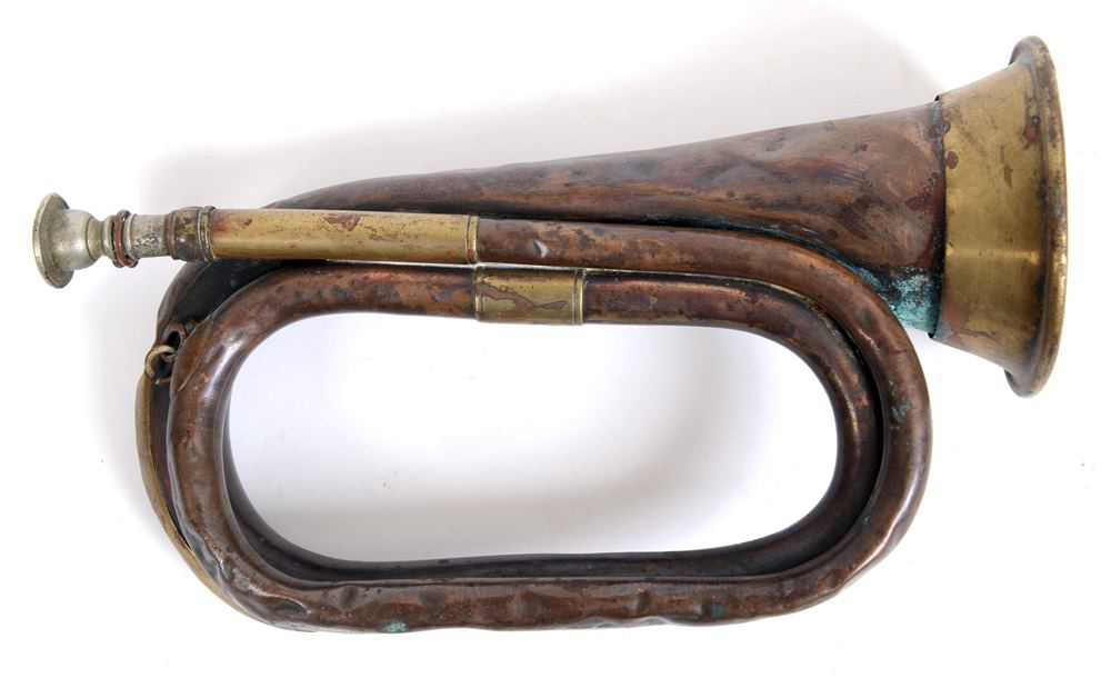 GREAT WAR - A 1916 BRASS AND COPPER MILITARY BUGLE BY HENRY POTTER & CO OF CHARING ROAD, LONDON