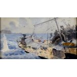 SECOND WORLD WAR - A GOUACHE PAINTING OF A NAVAL SEA ACTION  as witnessed by T. Roussel, Royal