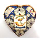 A GREAT WAR SOMERSET LIGHT INFANTRY 'SWEETHEART' PIN CUSHION of heart-shaped form, set with woven