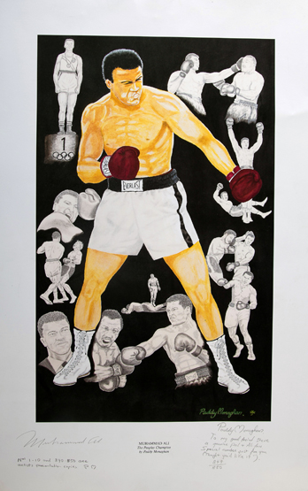 A Muhammad Ali signed print, a Paddy Monoghan artwork, signed in pencil by Ali and the artist,