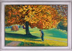 Gerry Wright (contemporary) THE AUTUMN GOLFER signed, oil on canvas, 61 by 91.5cm., 24 by 36in.,