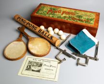 A mahogany boxed table tennis set, THE NEW TABLE GAME OF PING PONG OR GOSSIMA, by J. Jaques & Son,