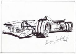 Two Formula 1 design concepts and another racing car drawing by Enrique Scalabroni, an F1 racing car