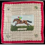 A ladies silk scarf commemorating the victory of Sir Victor Sassoon's Hard Ridden in the 1958 Derby,