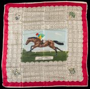 A ladies silk scarf commemorating the victory of Sir Victor Sassoon's Hard Ridden in the 1958 Derby,