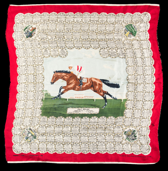 A silk Derby scarf commemorating the victory of the French racehorse Phil Drake in 1955, sold