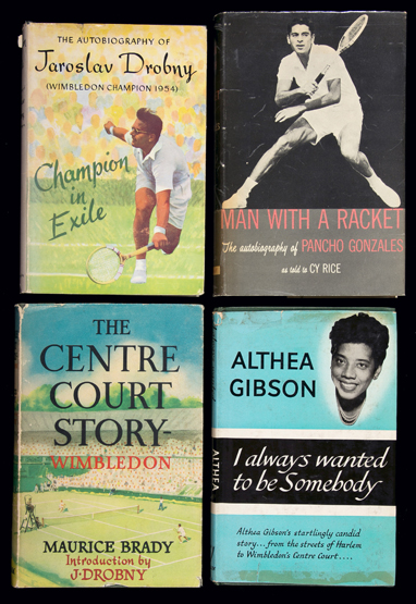 44 volumes on tennis published in Britain in the 1950s, authors including Riggs, Patterson,