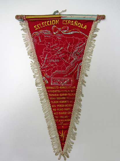 A Spanish football pennant listing an international squad circa 1960, below a map of Spain, 37cm.,