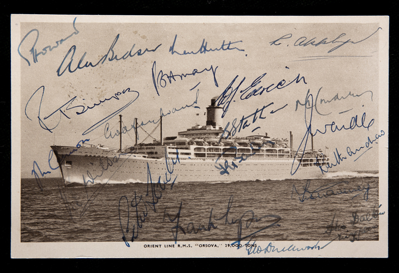 A postcard of the R.M.S. ''Orsova'' signed in ink by the England team to Australia in 1954-55, 20