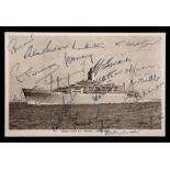 A postcard of the R.M.S. ''Orsova'' signed in ink by the England team to Australia in 1954-55, 20