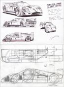 Two sports racing car concept drawings and a sports coupe design by Enrique Scalabroni, two original