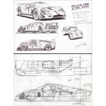 Two sports racing car concept drawings and a sports coupe design by Enrique Scalabroni, two original