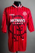 Brian Laudrup: a signed red & black striped Rangers No.17 away jersey season 1994-95, signed to