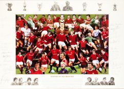 A multi-signed ''Legends of Old Trafford'' print, by the artist Robert Highton, limited edition,