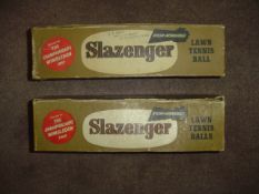 Two empty Slazenger boxes for lawn tennis balls, i) selected for the Championships Wimbledon 1957,