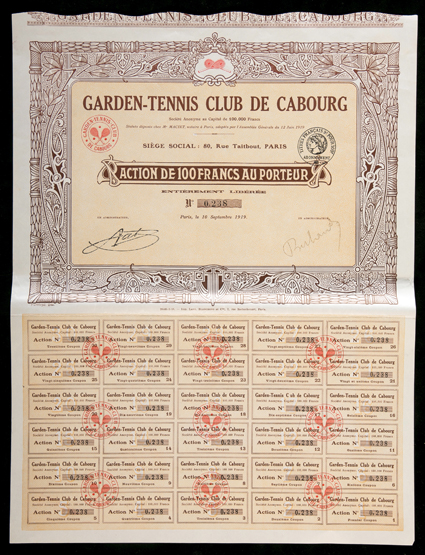 A certificate for the Garden-Tennis Club De Cabourg issued 10th September 1919 complete with 30