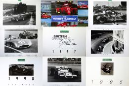 Five archive photo calendars, a Ferrari F1 calendar and various posters, the calendar themes being